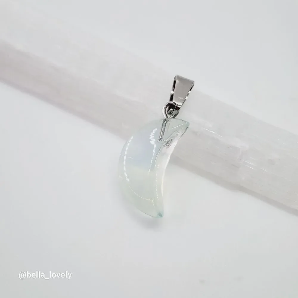 Petite Opal Opalite Moon Crescent Moon Shaped Pendant with Silver Toned Bail